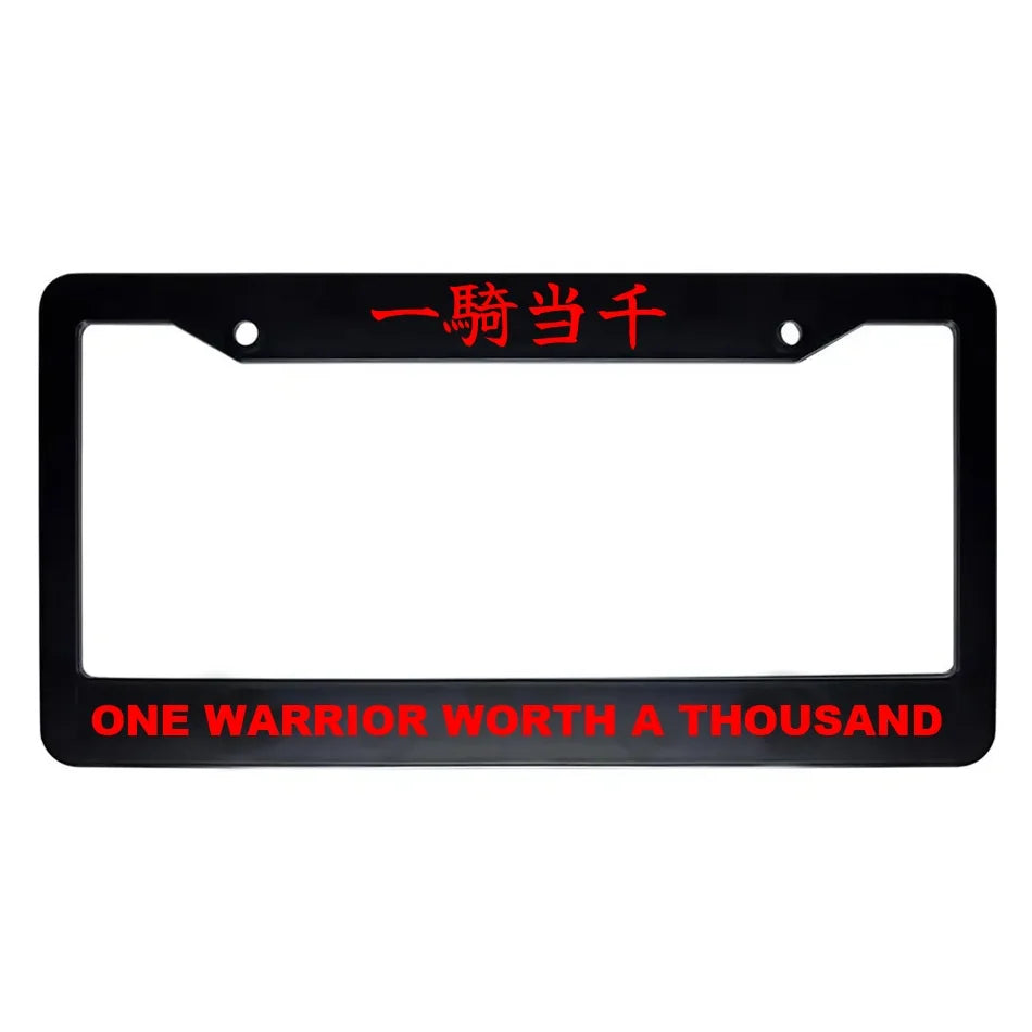 One Warrior Worth a Thousand ABS Black Plastic Kanji Japanese License Plate Frame - Red Text