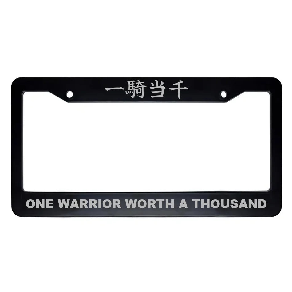 One Warrior Worth a Thousand ABS Black Plastic Kanji Japanese License Plate Frame - Silver Text