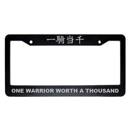 One Warrior Worth a Thousand ABS Black Plastic Kanji Japanese License Plate Frame - Silver Text