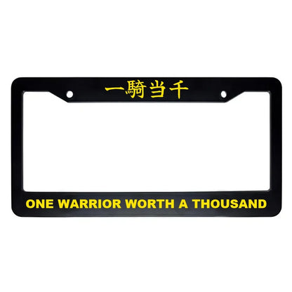 One Warrior Worth a Thousand ABS Black Plastic Kanji Japanese License Plate Frame - Yellow Text