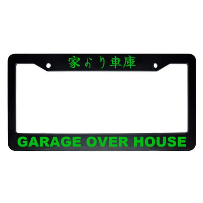 Garage Over House ABS Black Plastic Kanji Japanese License Plate Frame - Green Text