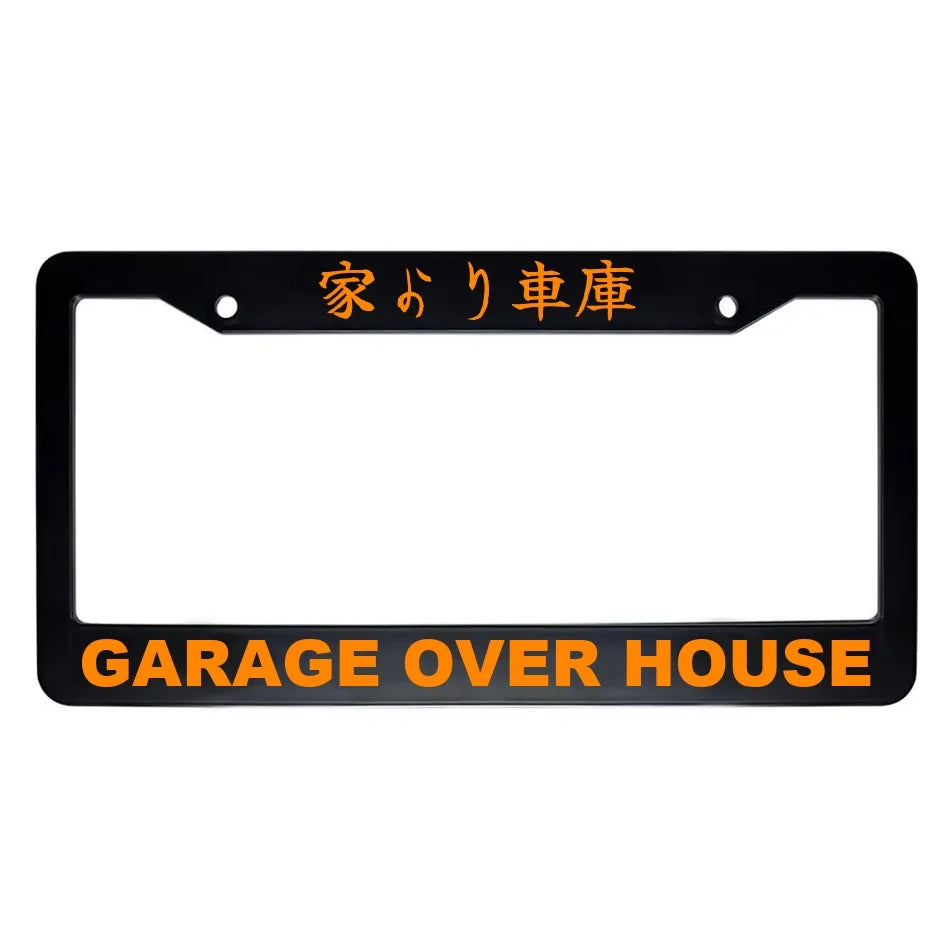 Garage Over House ABS Black Plastic Kanji Japanese License Plate Frame - Orange Text