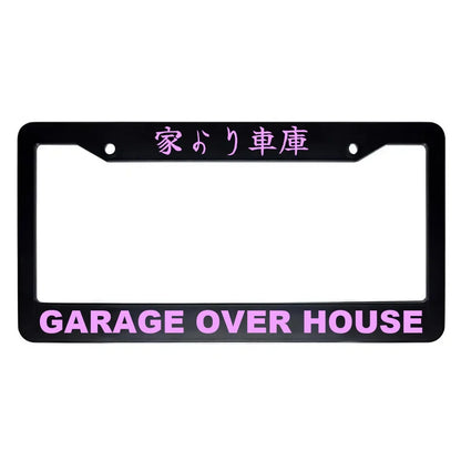 Garage Over House ABS Black Plastic Kanji Japanese License Plate Frame - Pink Text