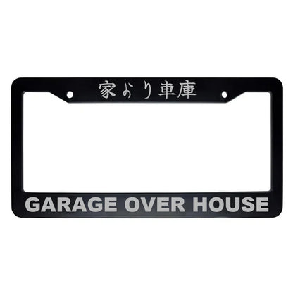 Garage Over House ABS Black Plastic Kanji Japanese License Plate Frame - Silver Text