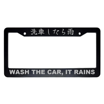Wash the Car, It Rains ABS Black Plastic Kanji Japanese License Plate Frame - Silver Text