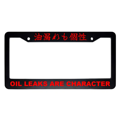 Oil Leaks Are Character ABS Black Plastic Kanji Japanese License Plate Frame - Red Text
