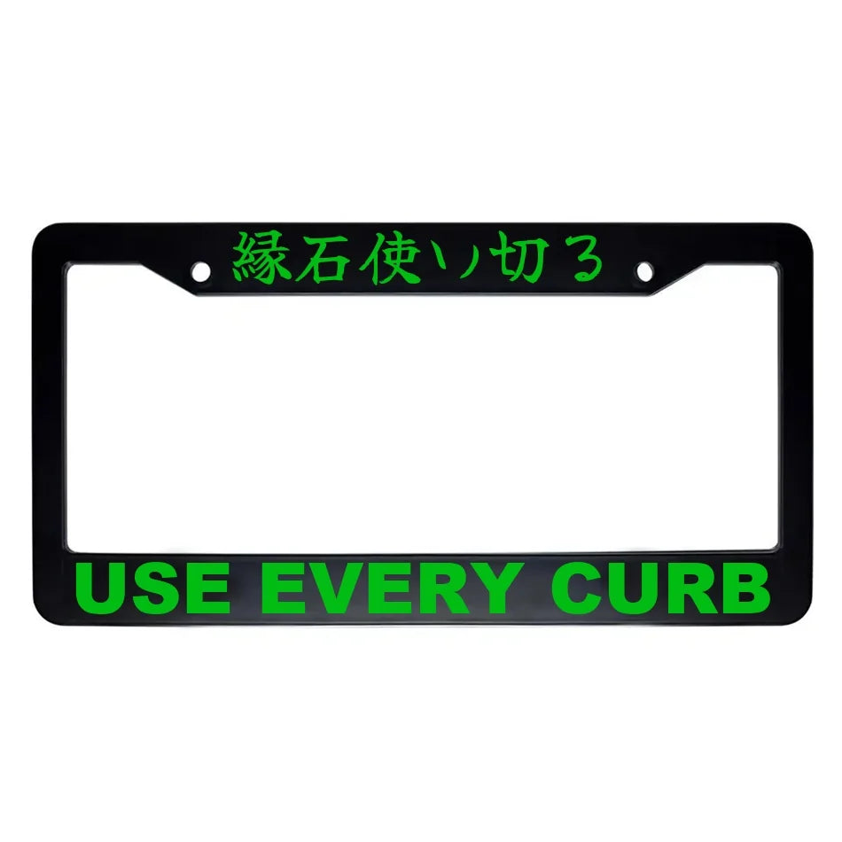 Use Every Curb ABS Black Plastic Kanji Japanese License Plate Frame - Green Text