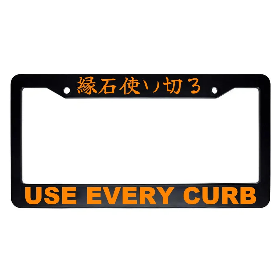 Use Every Curb ABS Black Plastic Kanji Japanese License Plate Frame - Orange Text