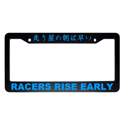 Racers Rise Early ABS Black Plastic Kanji Japanese License Plate Frame - Blue Text