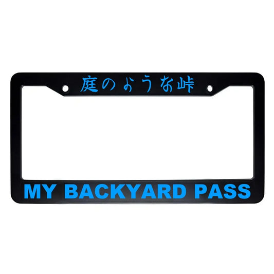 My Backyard Pass ABS Black Plastic Kanji Japanese License Plate Frame - Blue Text