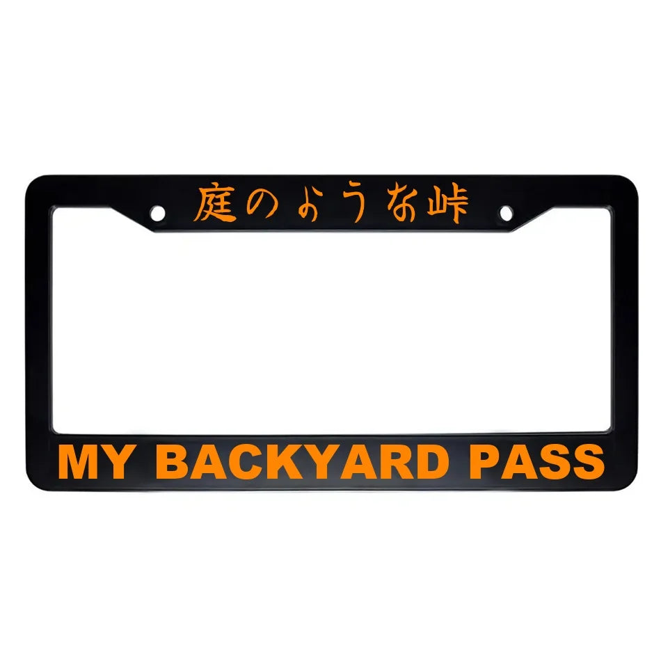 My Backyard Pass ABS Black Plastic Kanji Japanese License Plate Frame - Orange Text