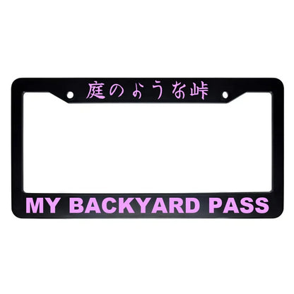 My Backyard Pass ABS Black Plastic Kanji Japanese License Plate Frame - Pink Text