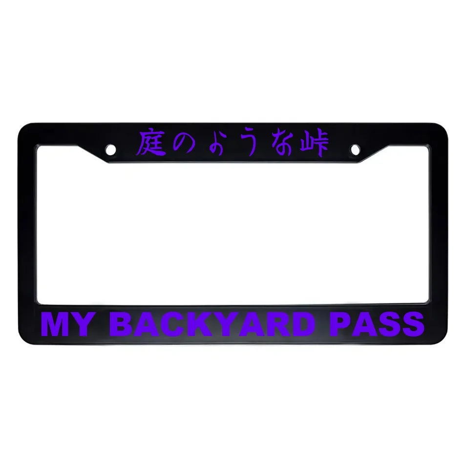 My Backyard Pass ABS Black Plastic Kanji Japanese License Plate Frame - Purple Text