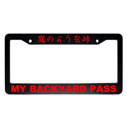 My Backyard Pass ABS Black Plastic Kanji Japanese License Plate Frame - Red Text