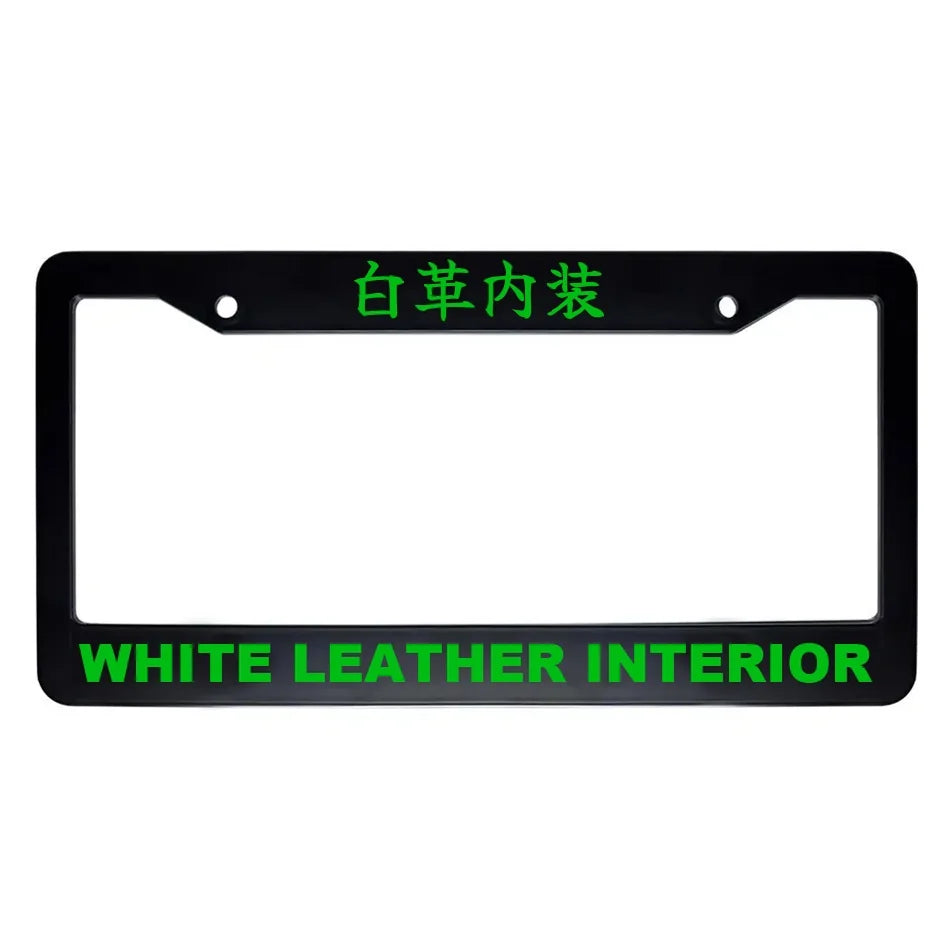 White Leather Interior ABS Black Plastic Kanji Japanese License Plate Frame - Green Text