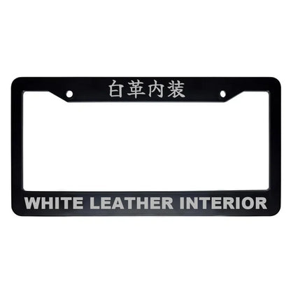 White Leather Interior ABS Black Plastic Kanji Japanese License Plate Frame - Silver Text