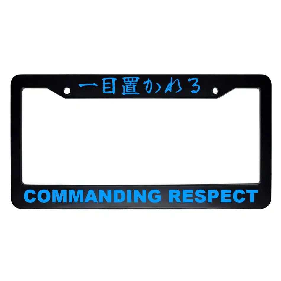 Commanding Respect ABS Black Plastic Kanji Japanese License Plate Frame - Blue Text