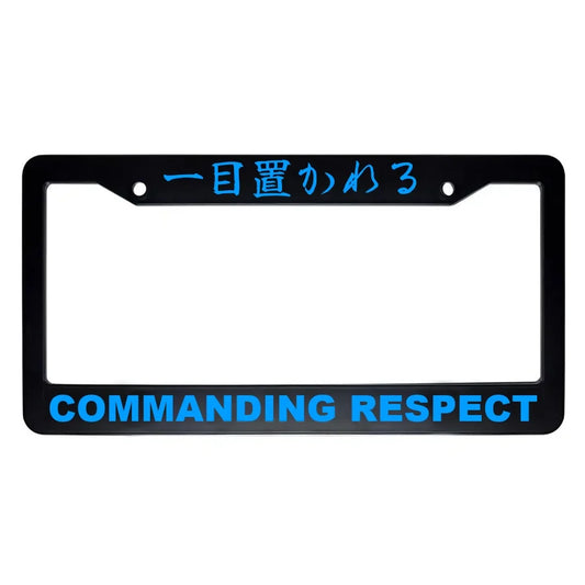 Commanding Respect ABS Black Plastic Kanji Japanese License Plate Frame - Blue Text
