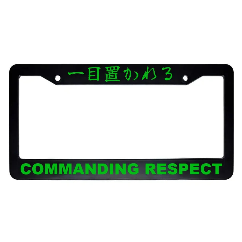 Commanding Respect ABS Black Plastic Kanji Japanese License Plate Frame - Green Text