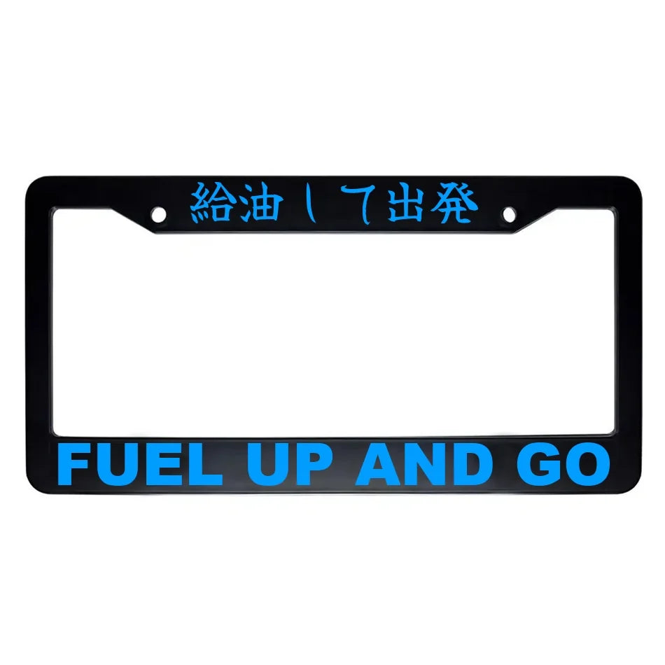 Fuel Up and Go ABS Black Plastic Kanji Japanese License Plate Frame - Blue Text