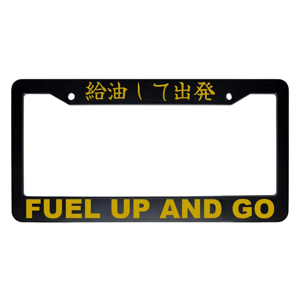 Fuel Up and Go ABS Black Plastic Kanji Japanese License Plate Frame - Gold Text