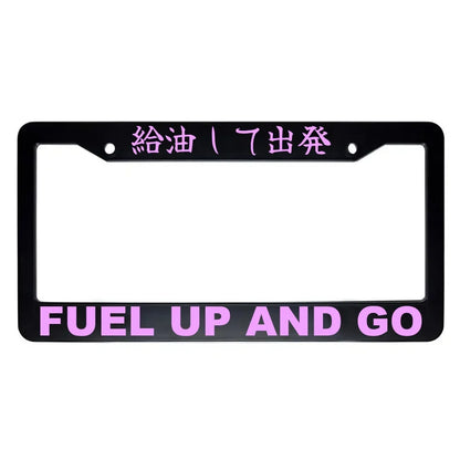 Fuel Up and Go ABS Black Plastic Kanji Japanese License Plate Frame - Pink Text