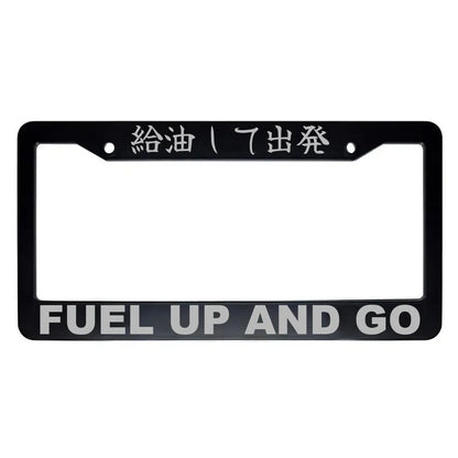 Fuel Up and Go ABS Black Plastic Kanji Japanese License Plate Frame - Silver Text
