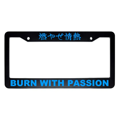 Burn With Passion ABS Black Plastic Kanji Japanese License Plate Frame - Blue Text