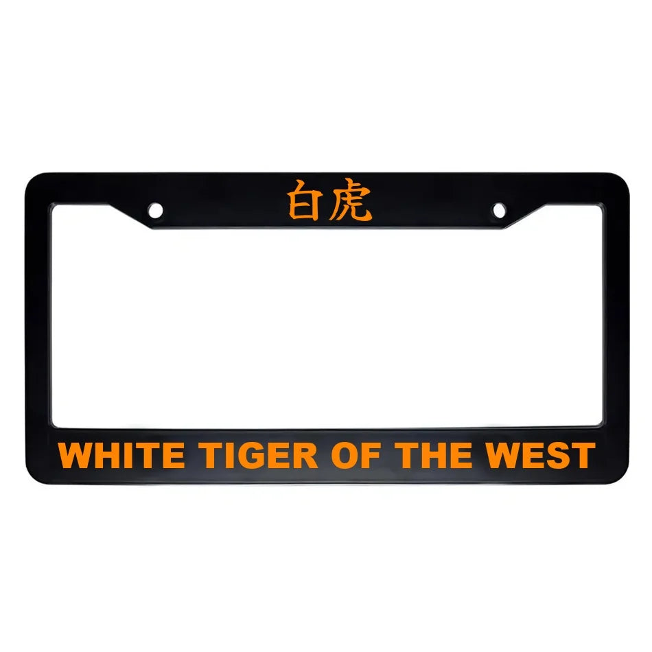White Tiger of the West ABS Black Plastic Kanji Japanese License Plate Frame - Orange Text