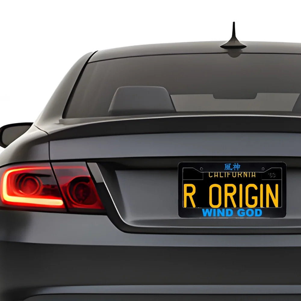 Wind God ABS Black Plastic Kanji Japanese License Plate Frame installed on car - Blue Text