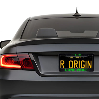 Lone Wolf ABS Black Plastic Kanji Japanese License Plate Frame installed on car - Green Text