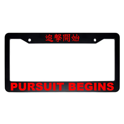 Pursuit Begins ABS Black Plastic Kanji Japanese License Plate Frame - Red Text