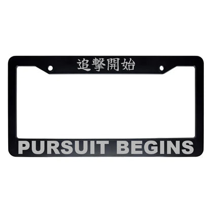 Pursuit Begins ABS Black Plastic Kanji Japanese License Plate Frame - Silver Text