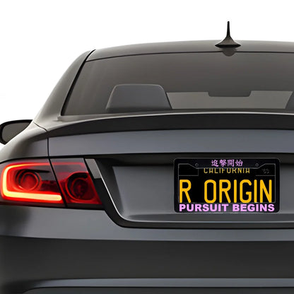 Pursuit Begins ABS Black Plastic Kanji Japanese License Plate Frame installed on car - Pink Text
