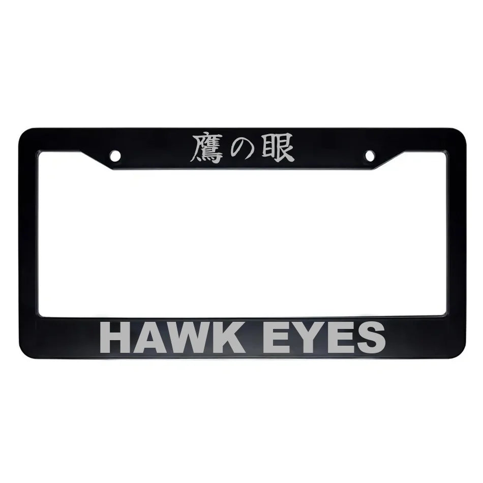 Hawk Eyes ABS Black Plastic Kanji Japanese License Plate Frame - Silver Text