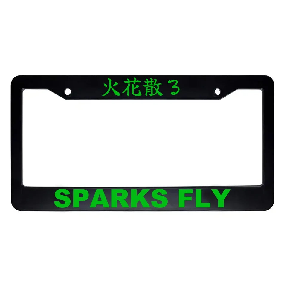 Sparks Fly ABS Black Plastic Kanji Japanese License Plate Frame - Green Text