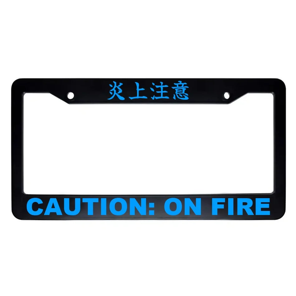 Caution: on Fire ABS Black Plastic Kanji Japanese License Plate Frame - Blue Text