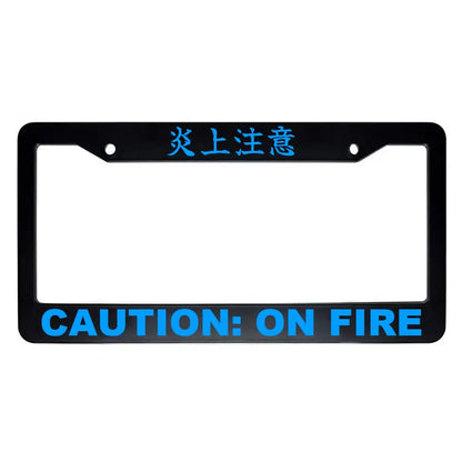 Caution: on Fire ABS Black Plastic Kanji Japanese License Plate Frame - Blue Text