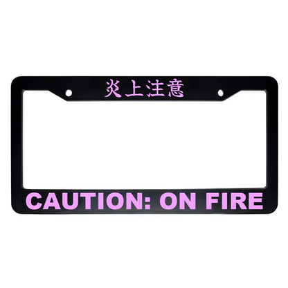 Caution: on Fire ABS Black Plastic Kanji Japanese License Plate Frame - Pink Text