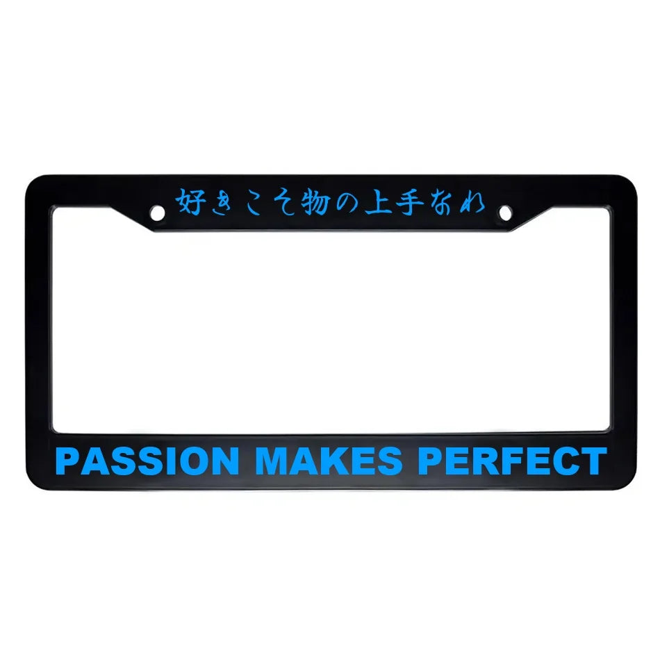Passion Makes Perfect ABS Black Plastic Kanji Japanese License Plate Frame - Blue Text