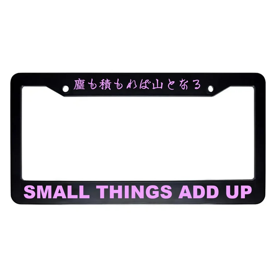 Small Things Add Up ABS Black Plastic Kanji Japanese License Plate Frame - Pink Text