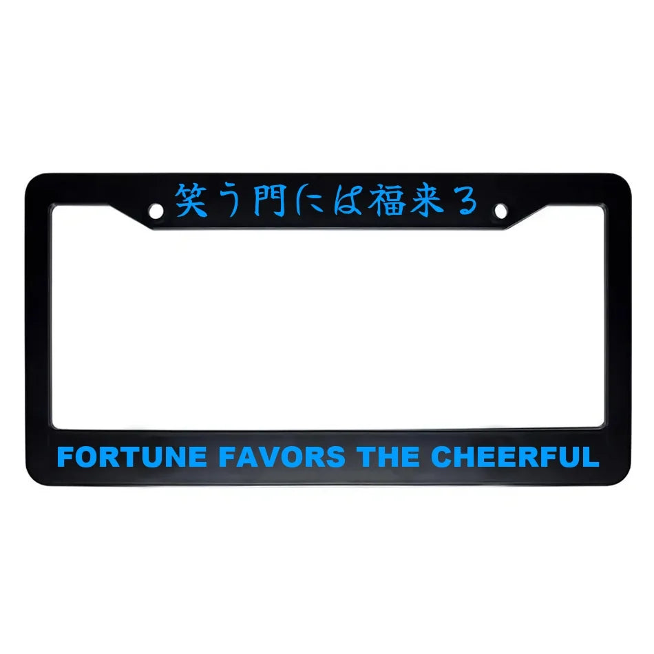 Fortune Favors the Cheerful ABS Black Plastic Kanji Japanese License Plate Frame - Blue Text