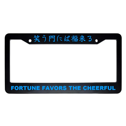Fortune Favors the Cheerful ABS Black Plastic Kanji Japanese License Plate Frame - Blue Text