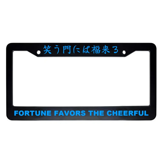 Fortune Favors the Cheerful ABS Black Plastic Kanji Japanese License Plate Frame - Blue Text