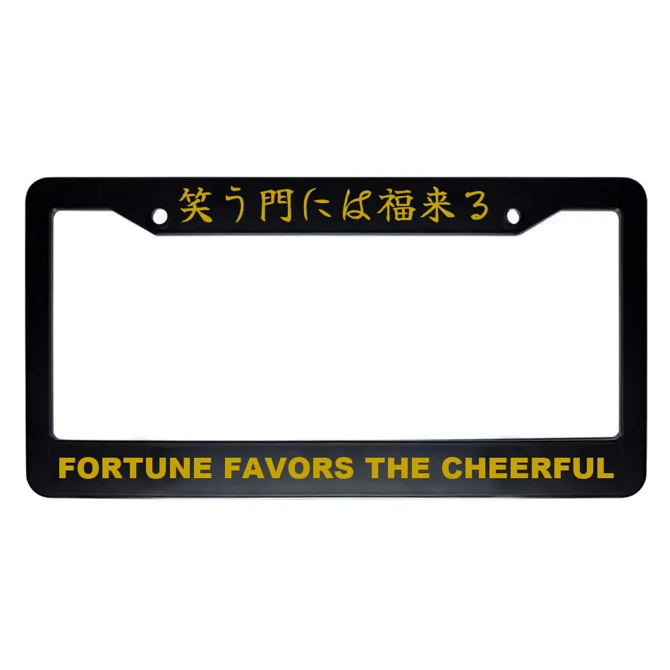 Fortune Favors the Cheerful ABS Black Plastic Kanji Japanese License Plate Frame - Gold Text