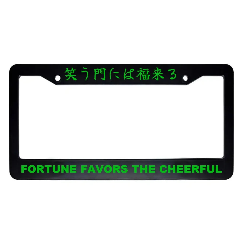 Fortune Favors the Cheerful ABS Black Plastic Kanji Japanese License Plate Frame - Green Text