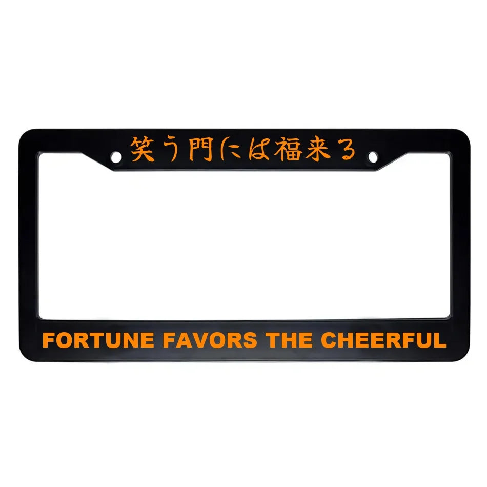 Fortune Favors the Cheerful ABS Black Plastic Kanji Japanese License Plate Frame - Orange Text