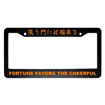 Fortune Favors the Cheerful ABS Black Plastic Kanji Japanese License Plate Frame - Orange Text