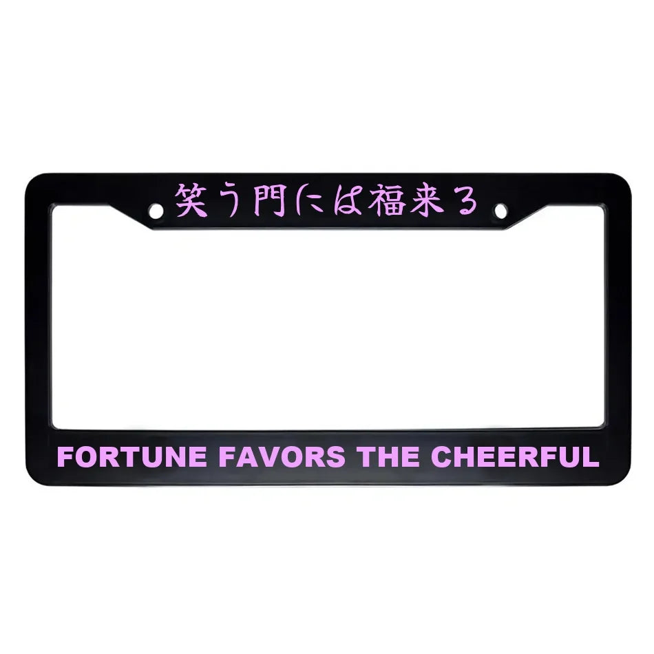 Fortune Favors the Cheerful ABS Black Plastic Kanji Japanese License Plate Frame - Pink Text