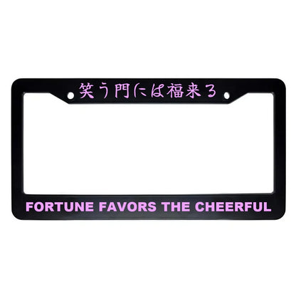 Fortune Favors the Cheerful ABS Black Plastic Kanji Japanese License Plate Frame - Pink Text